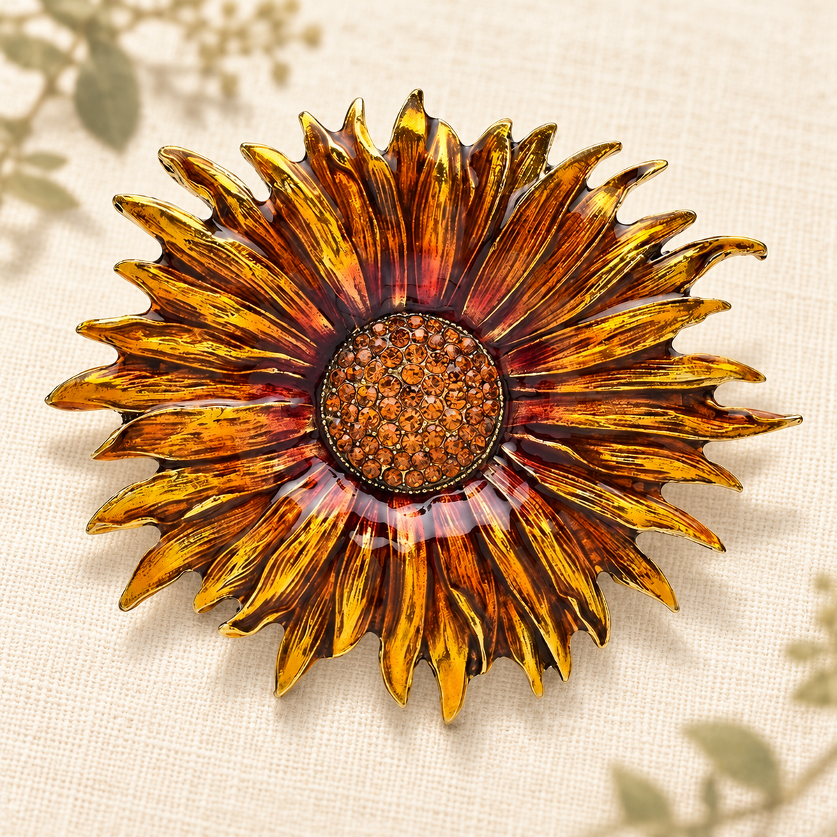 Enamel Sunflower with Jeweled Center Brooch — styled background