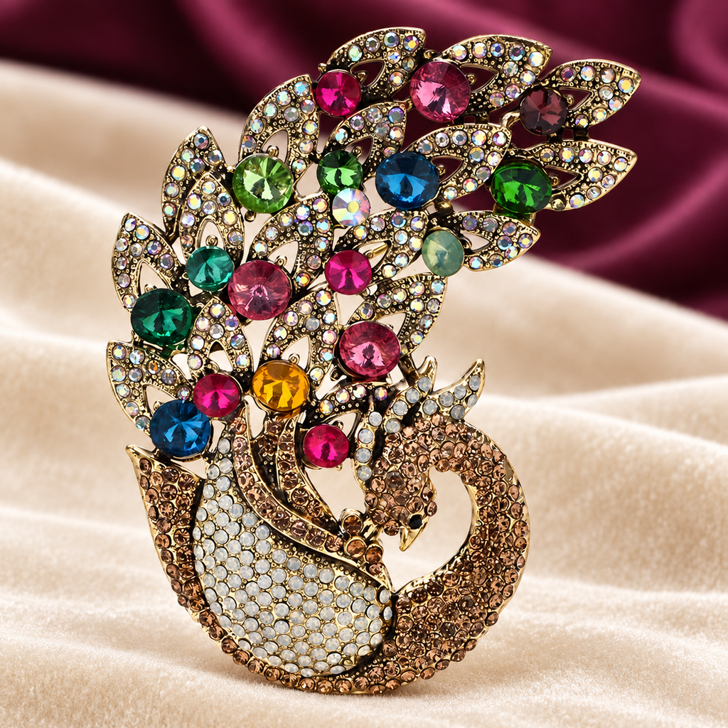 Large Multicolor Jeweled Peacock Brooch — styled background