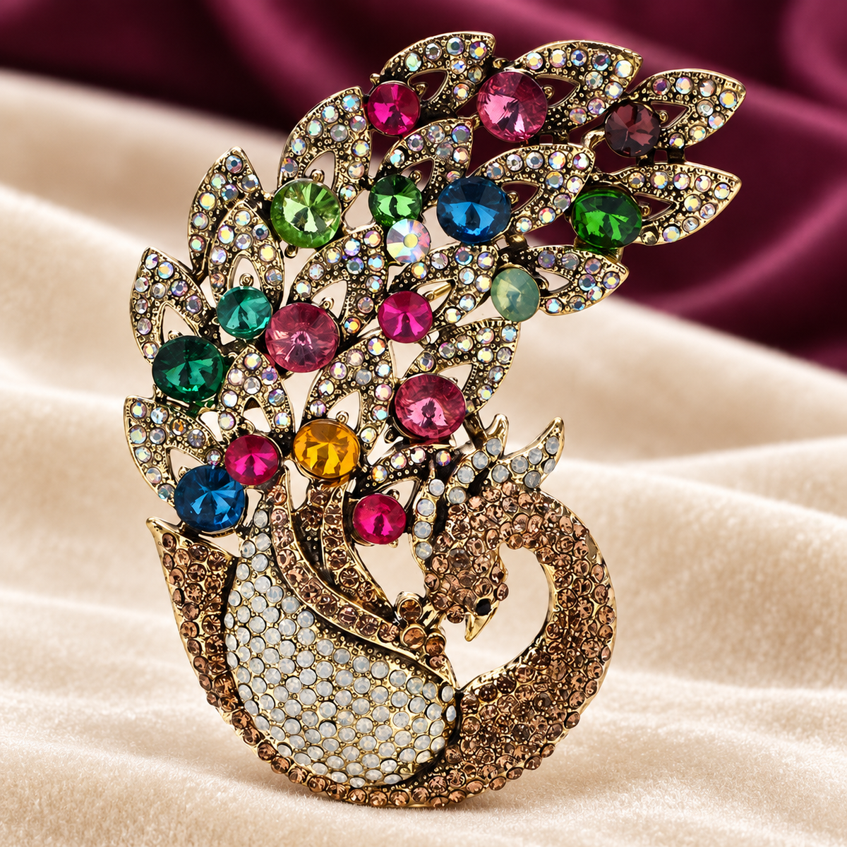 Large Multicolor Jeweled Peacock Brooch — styled background