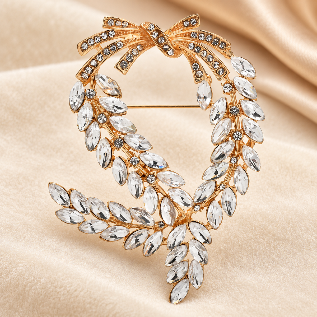 Rhinestone Wheat Wreath with Bow Brooch — styled background