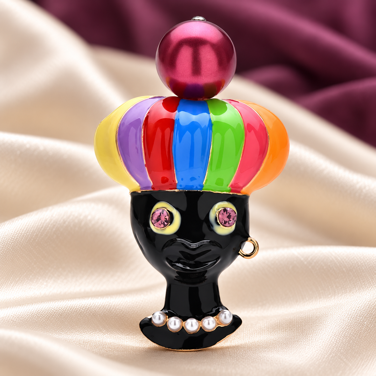 Rainbow Turban Portrait Brooch — styled background