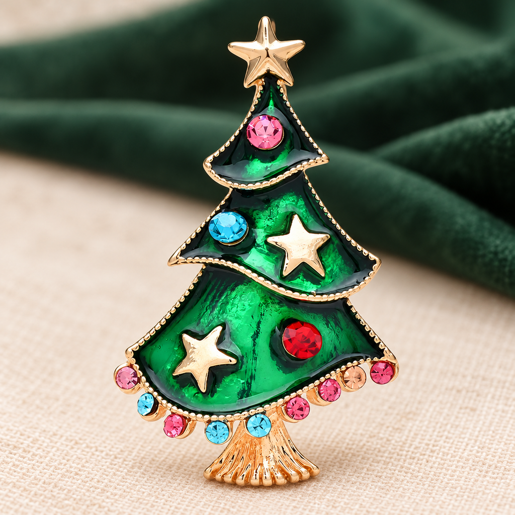 Green Enamel Christmas Tree with Stars Brooch — styled background