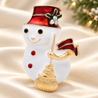 Snowman with Red Top Hat and Broom Brooch — styled background