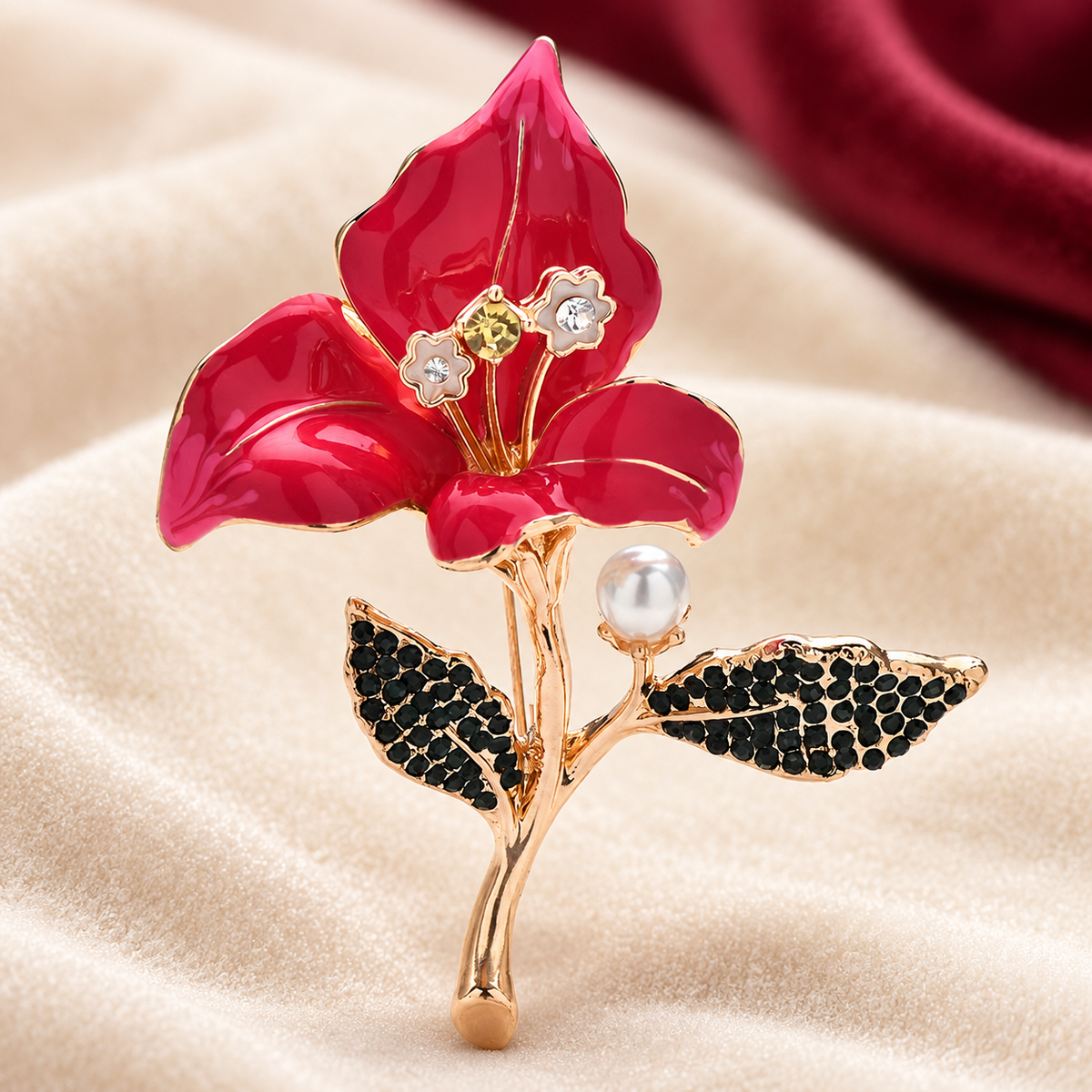 Enamel Orchid with Pearl-Look Stem Accent Brooch — styled background