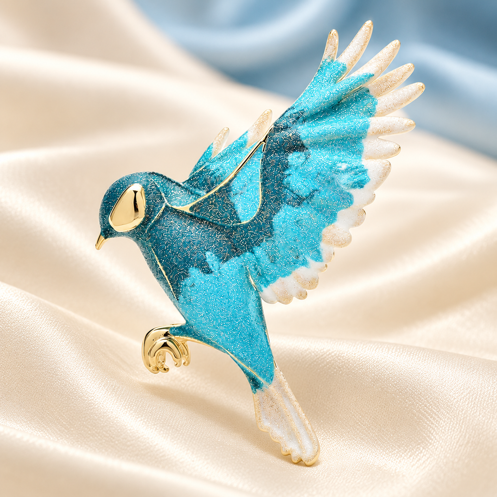 Enamel Hummingbird in Flight Brooch — styled background