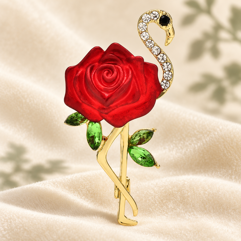 Red Rose Flamingo Brooch — styled background