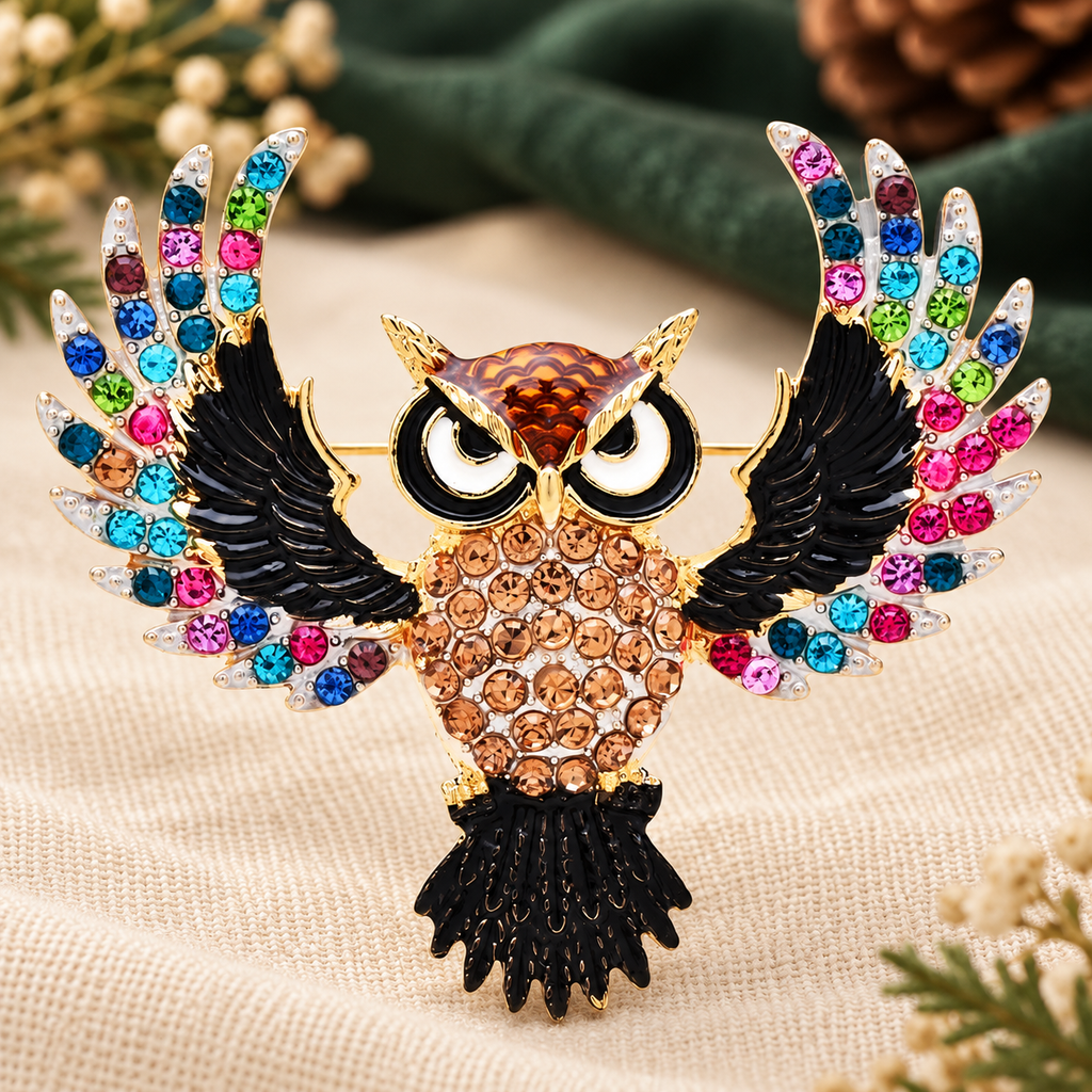 Spread-Wing Owl with Colorful Rhinestones Brooch — styled background