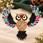 Spread-Wing Owl with Colorful Rhinestones Brooch — styled background