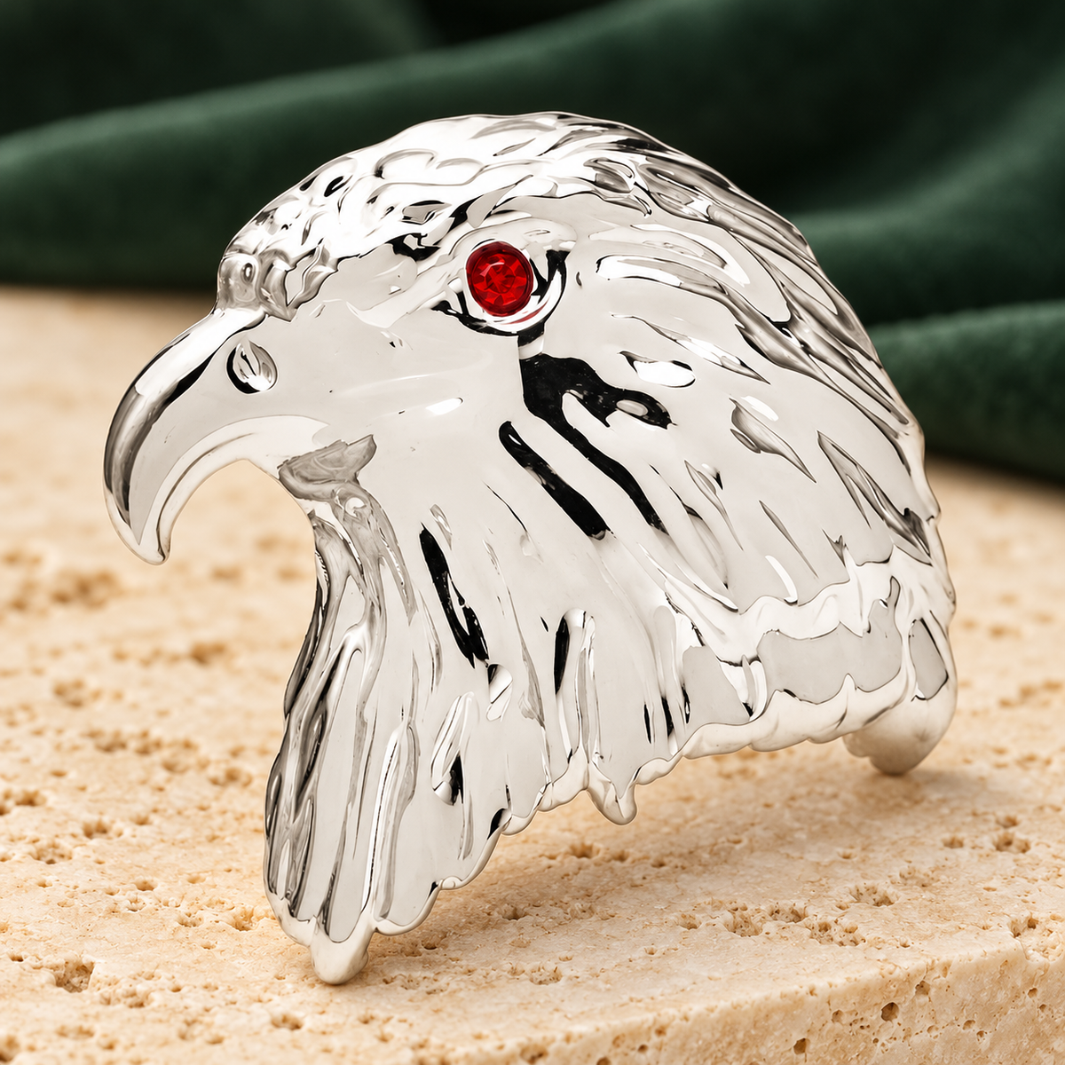 Textured Bald Eagle Head Brooch — styled background