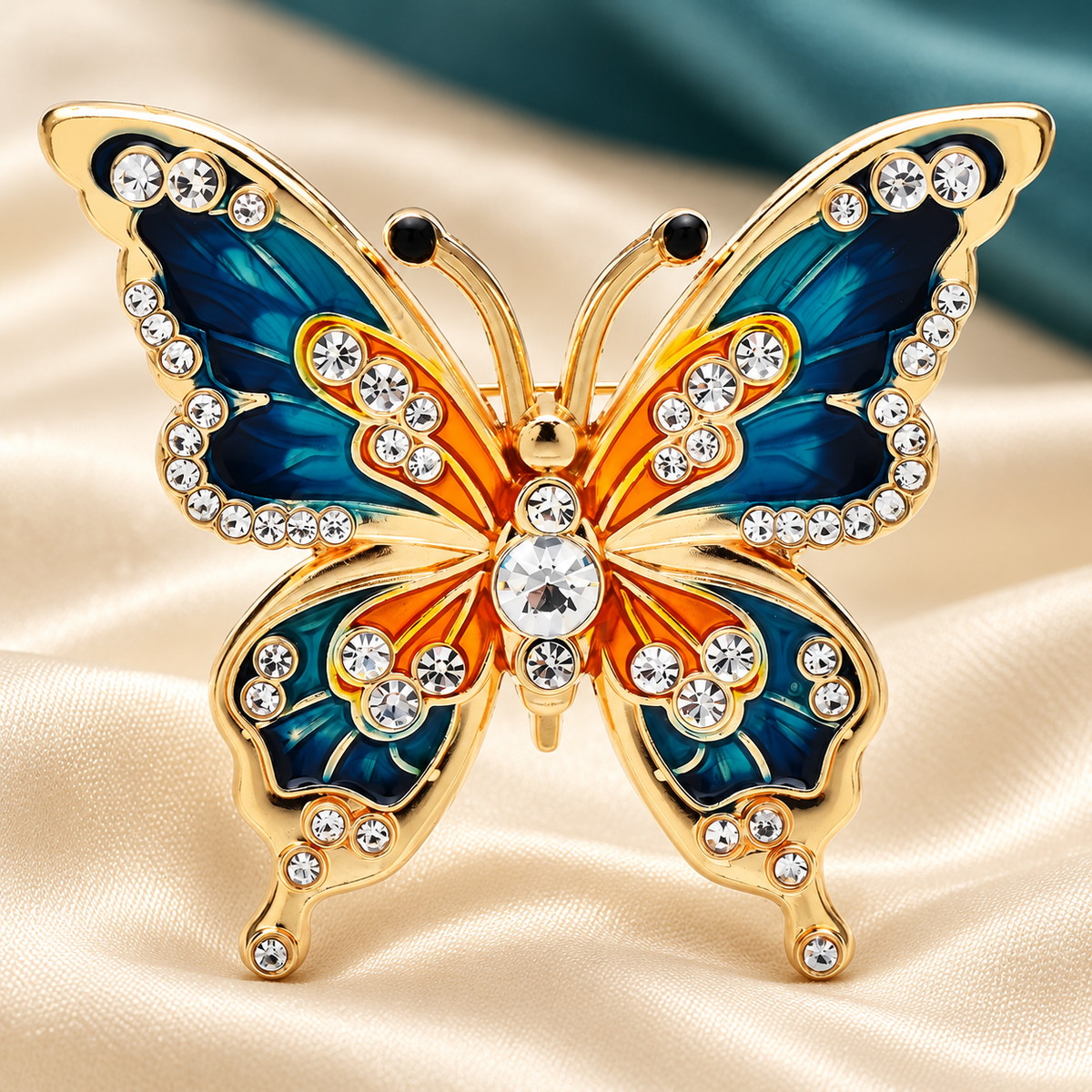 Patterned Enamel Butterfly with Jeweled Details Brooch — styled background