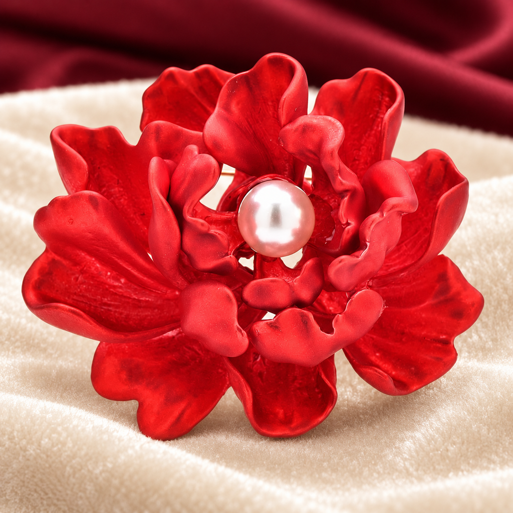 Red Enamel Peony with Pearl-Look Center Brooch — styled background