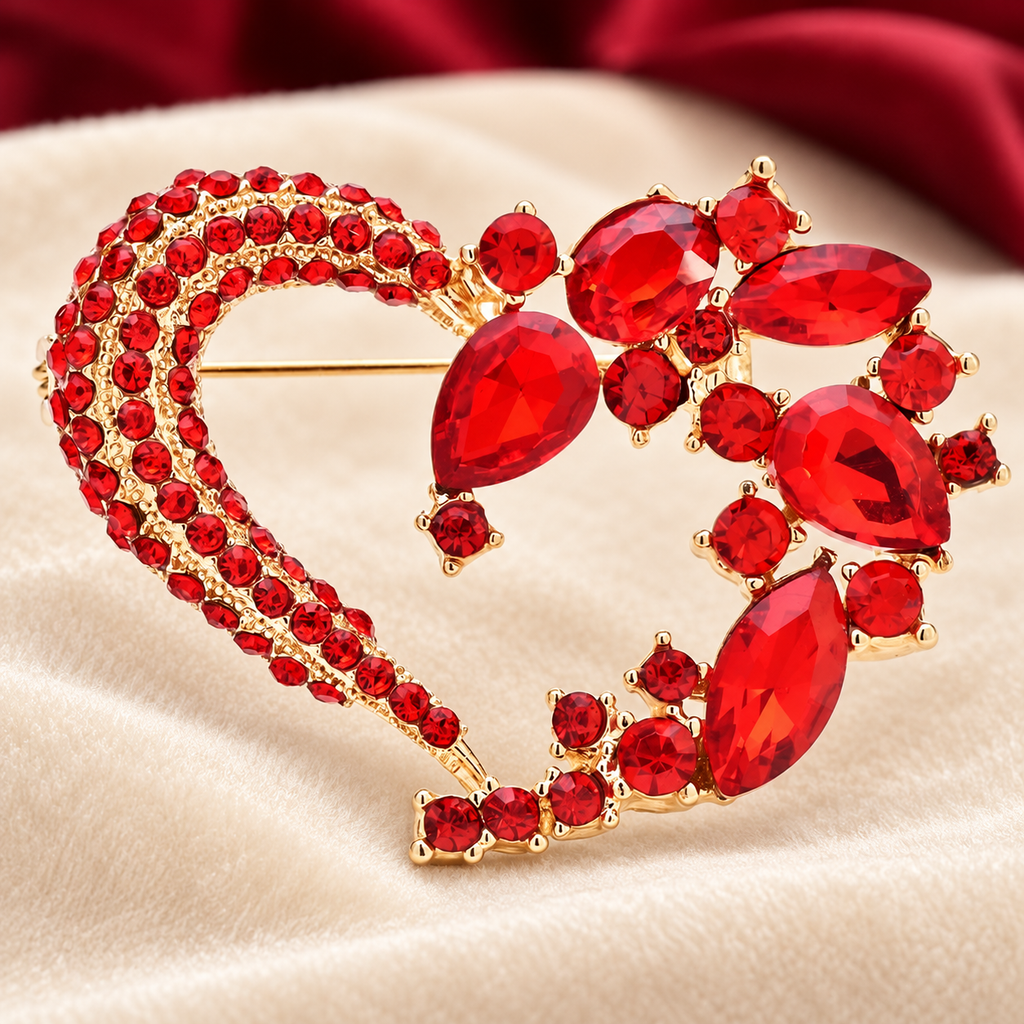 Red Rhinestone Open Heart with Leaf Accents Brooch — styled background