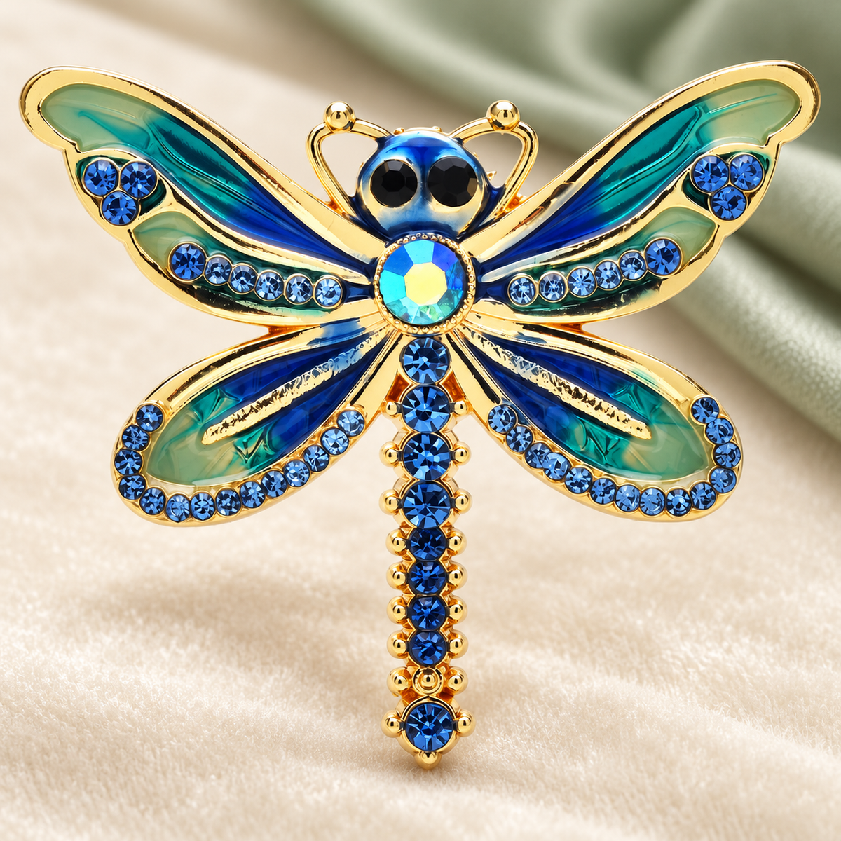 Colorful Enamel Dragonfly with Rhinestone Tail Brooch — styled background