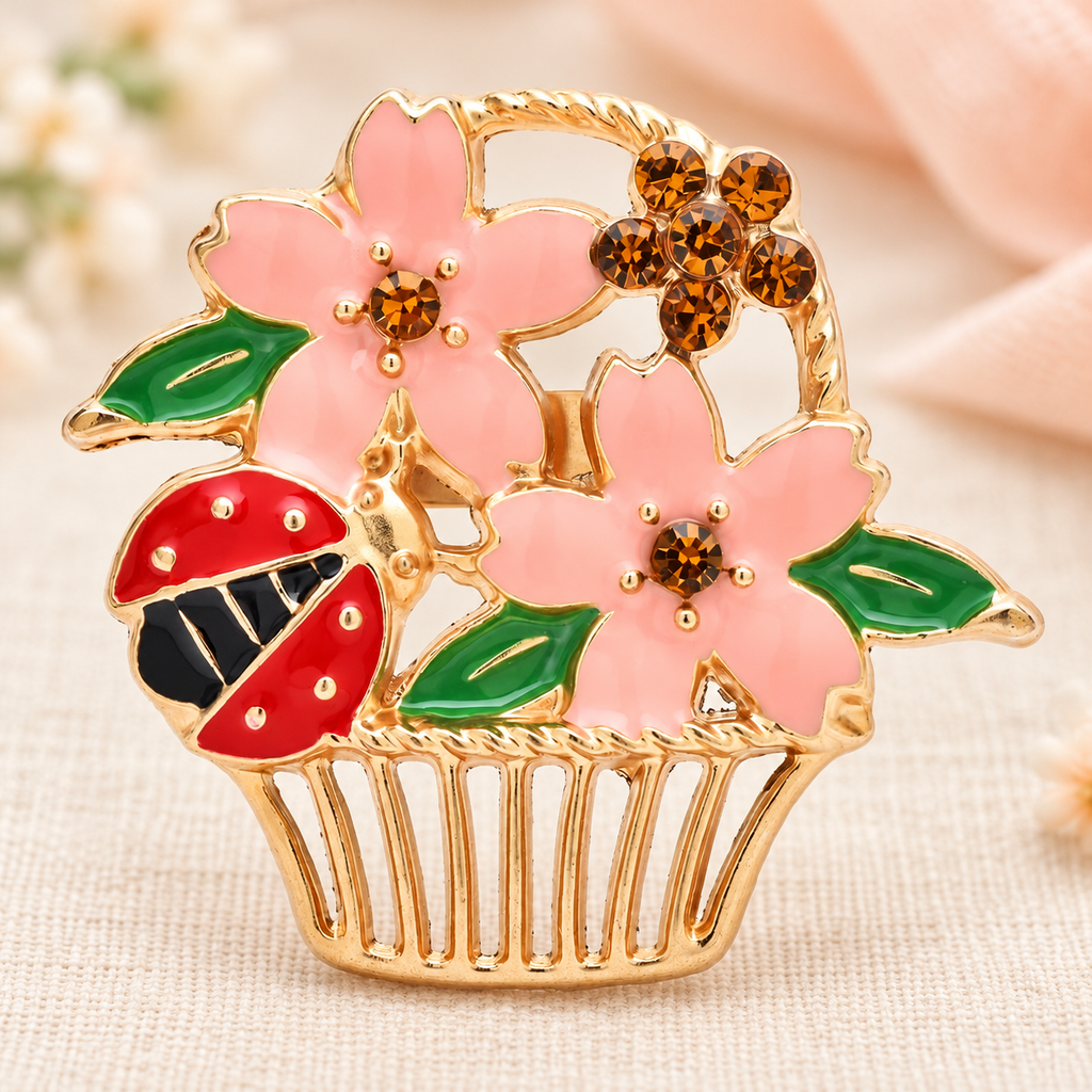 Enamel Flower Basket with Ladybug Brooch — styled background