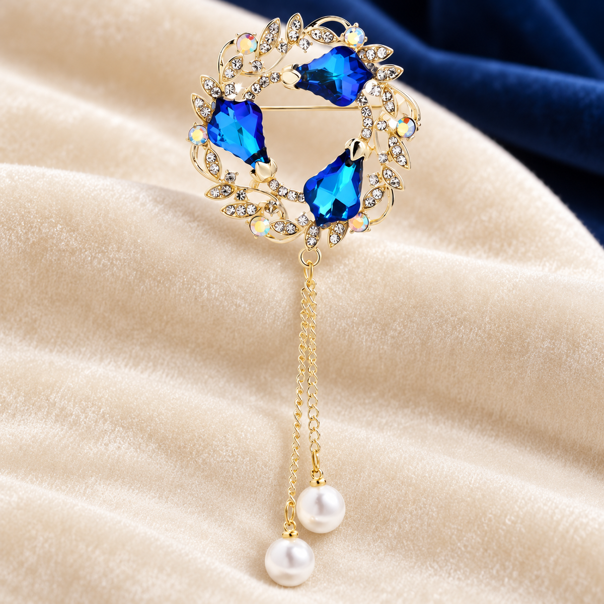 Jeweled Wheat Wreath with Pearl-Look Chain Tassels Brooch — styled background