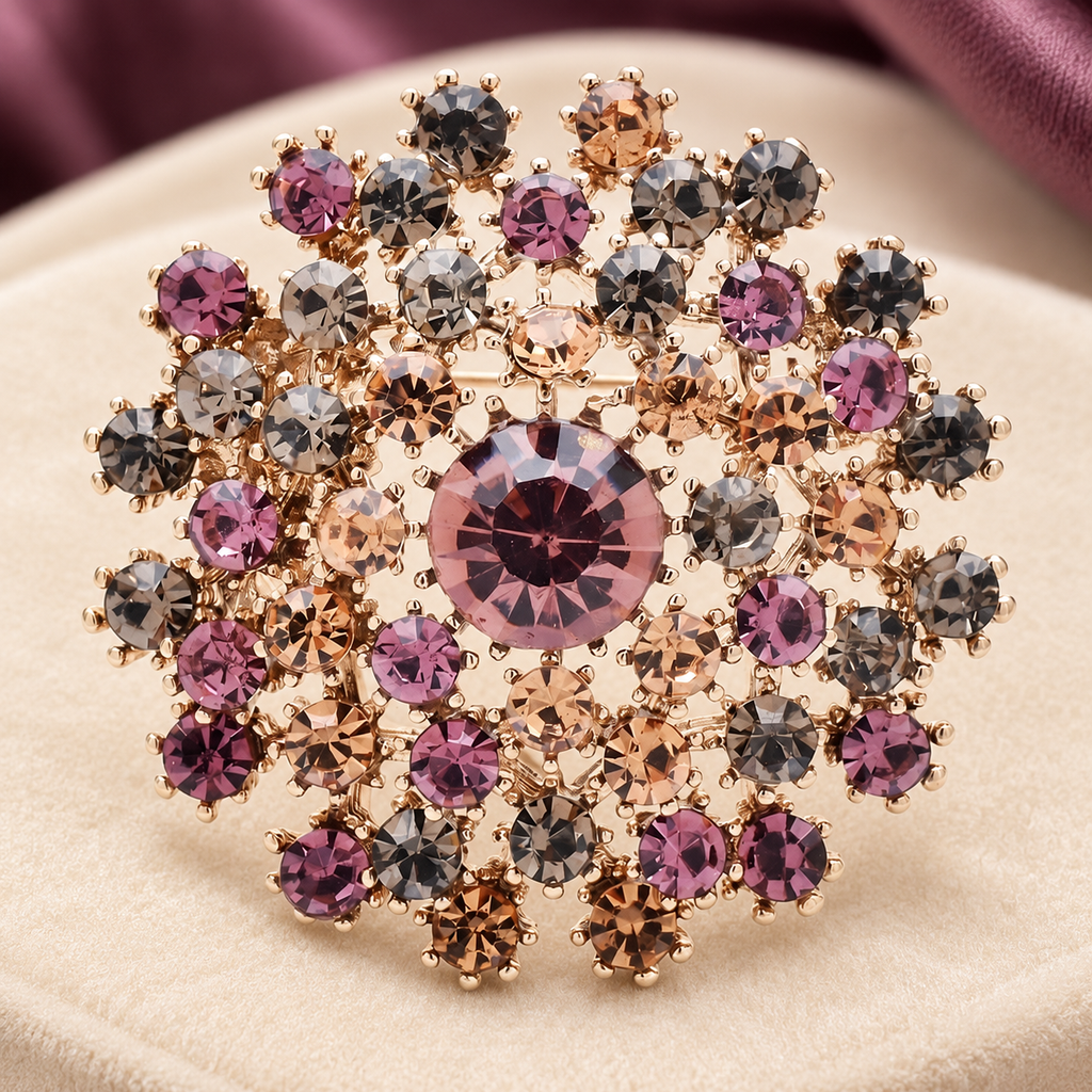 Rhinestone Dandelion Flower with Faceted Center Brooch — styled background