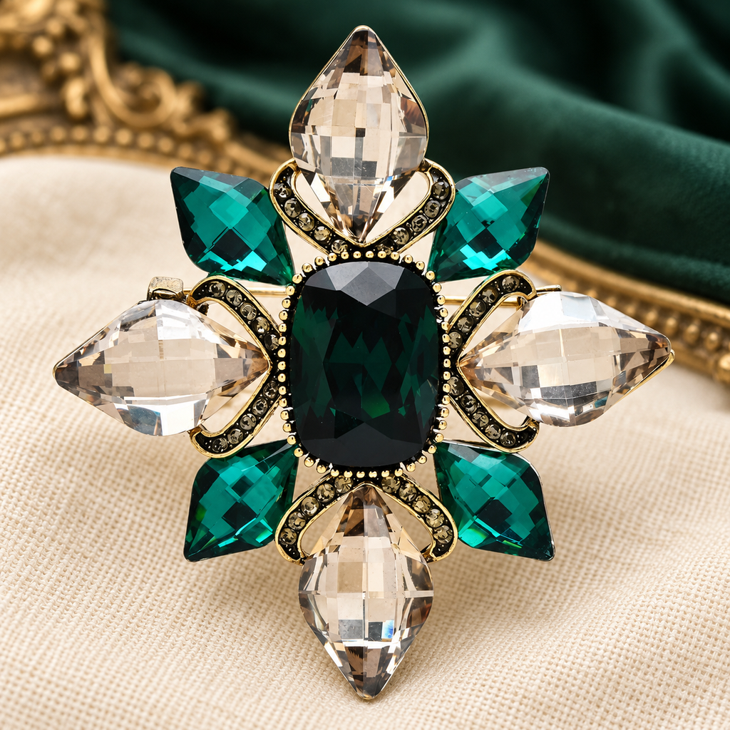 Vintage-Style Emerald-Tone and Clear Faceted Flower Brooch — styled background
