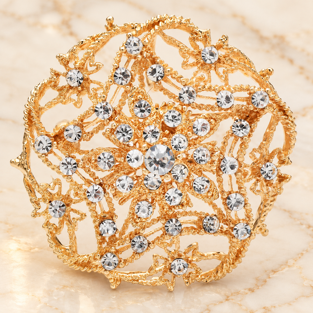 Openwork Star Flower Rhinestone Medallion Brooch — styled background