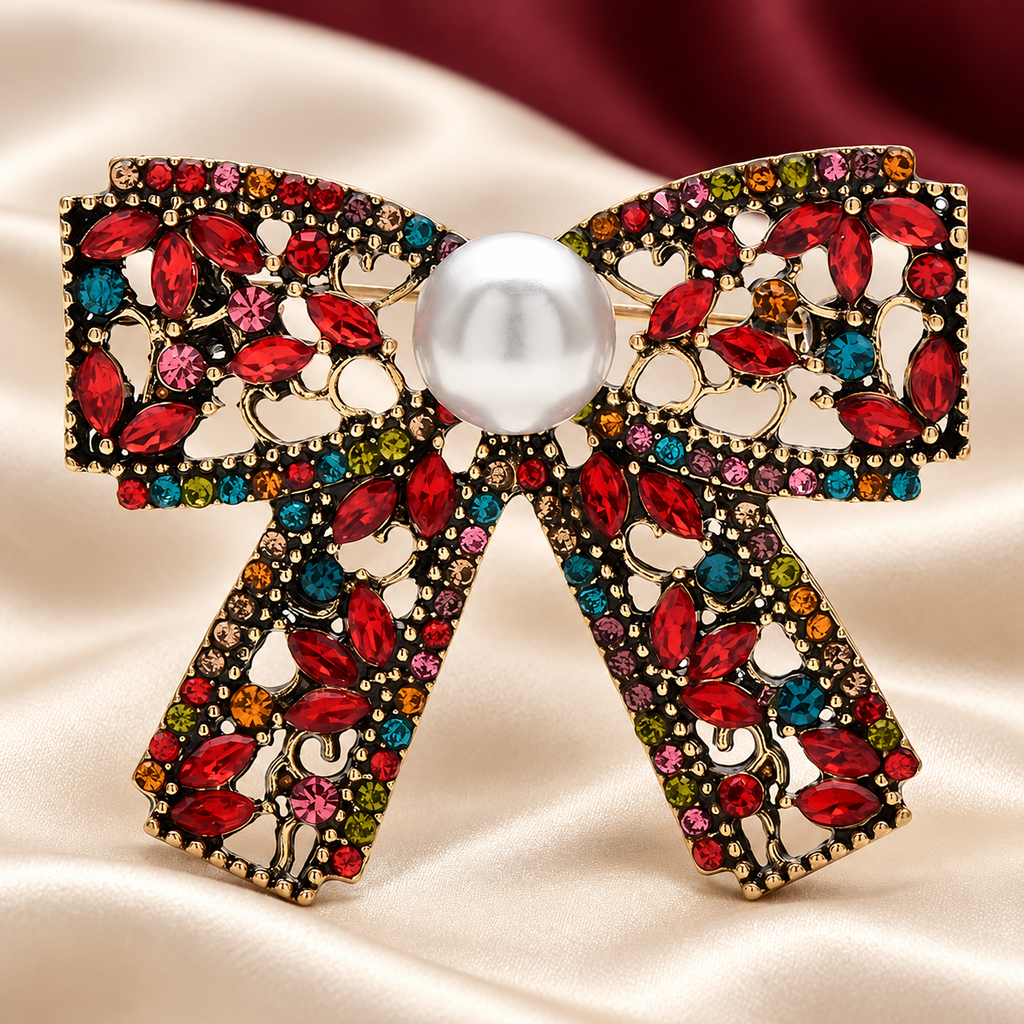 Vintage-Style Rhinestone Bow with Pearl-Look Center Brooch — styled background