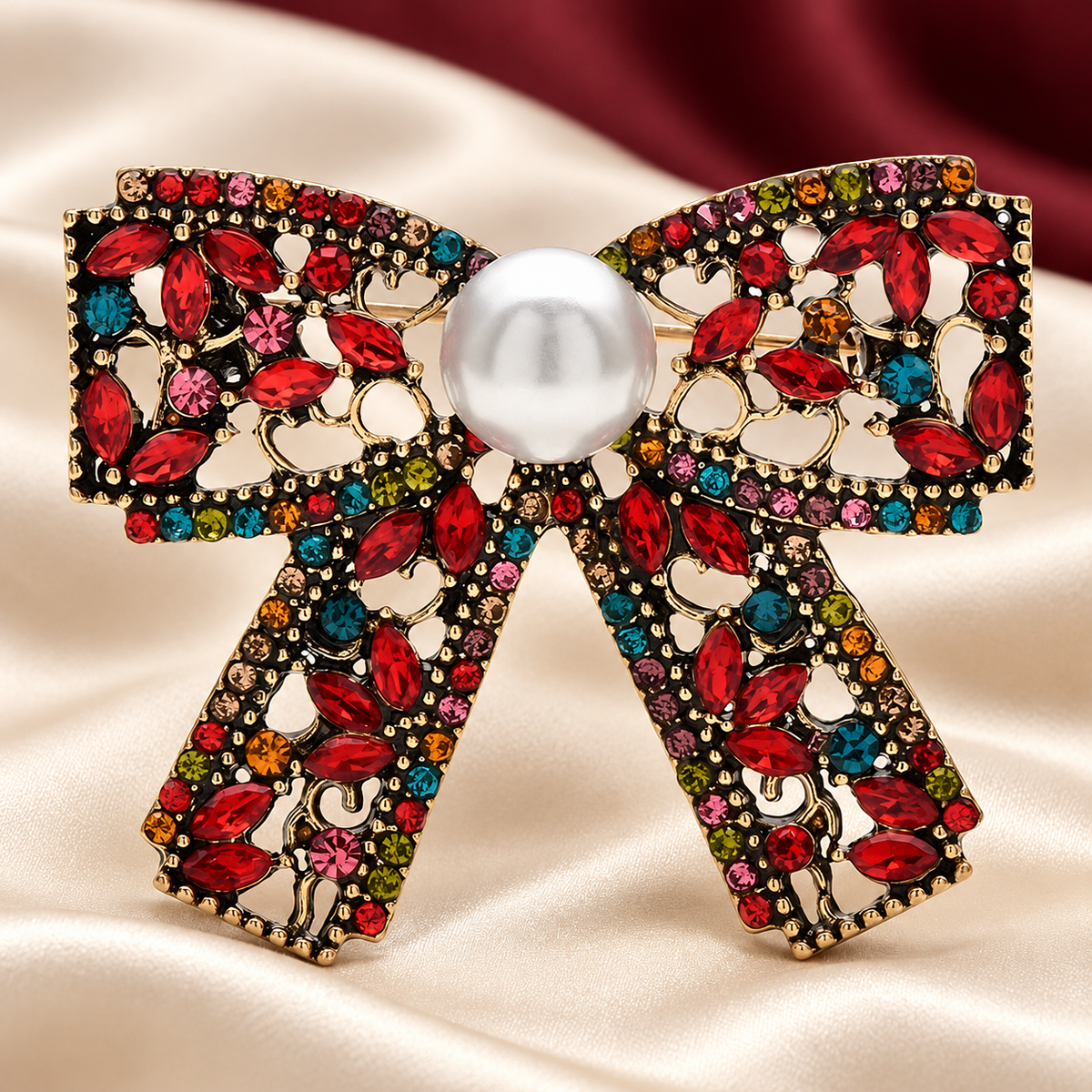 Vintage-Style Rhinestone Bow with Pearl-Look Center Brooch — styled background