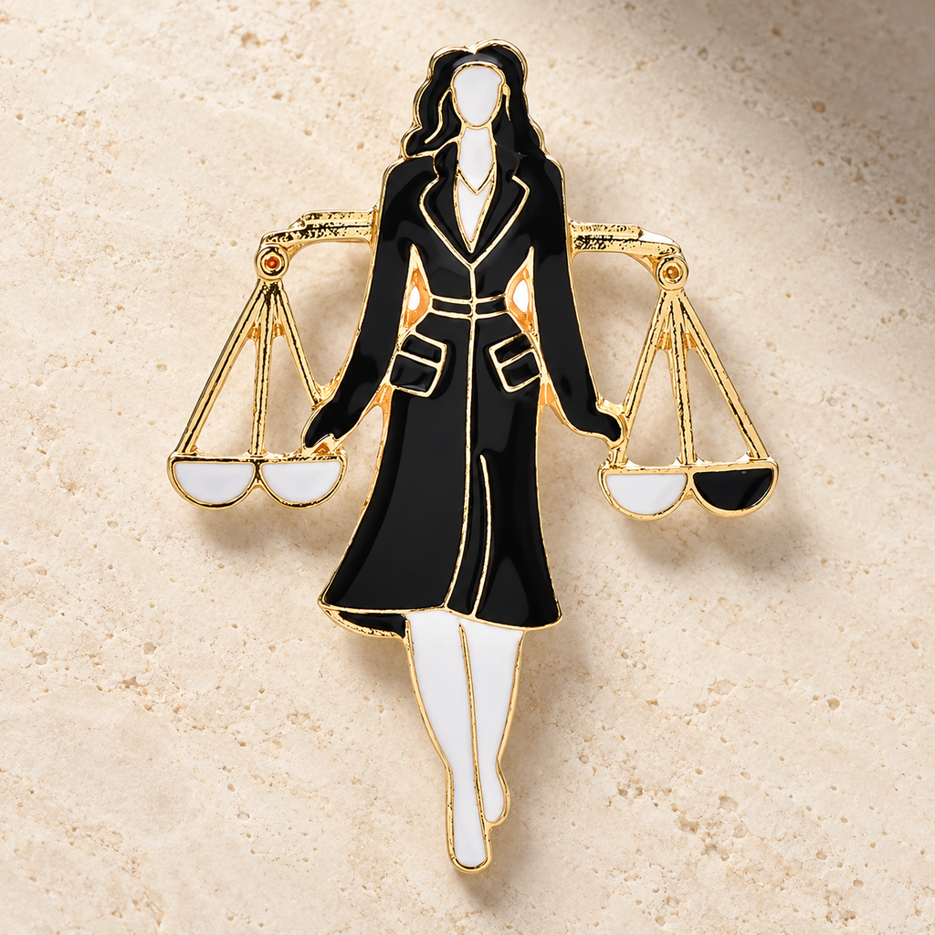 Libra Zodiac Lady with Scales Brooch — styled background