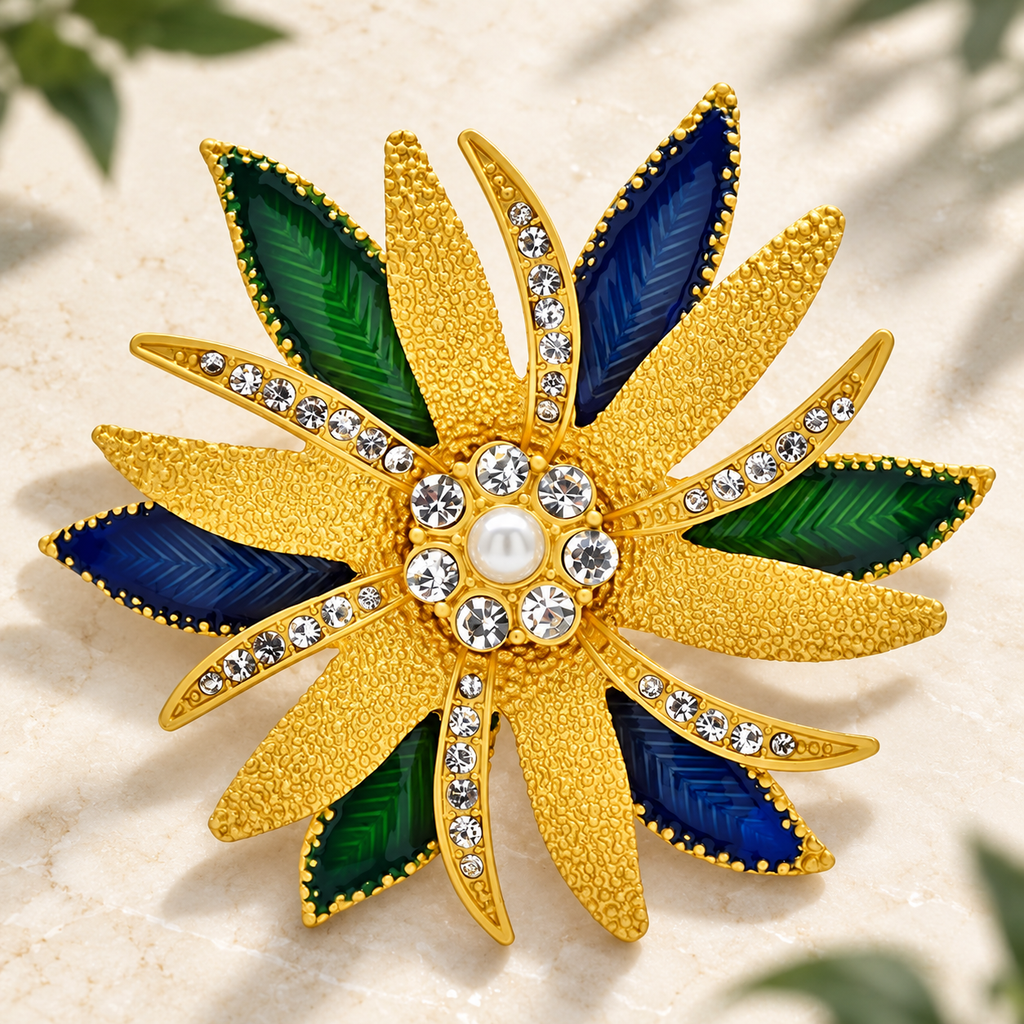 Large Layered Flower with Blue and Green Petals Brooch — styled background