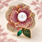Rhinestone Rose with Pearl-Look Center Brooch — styled background