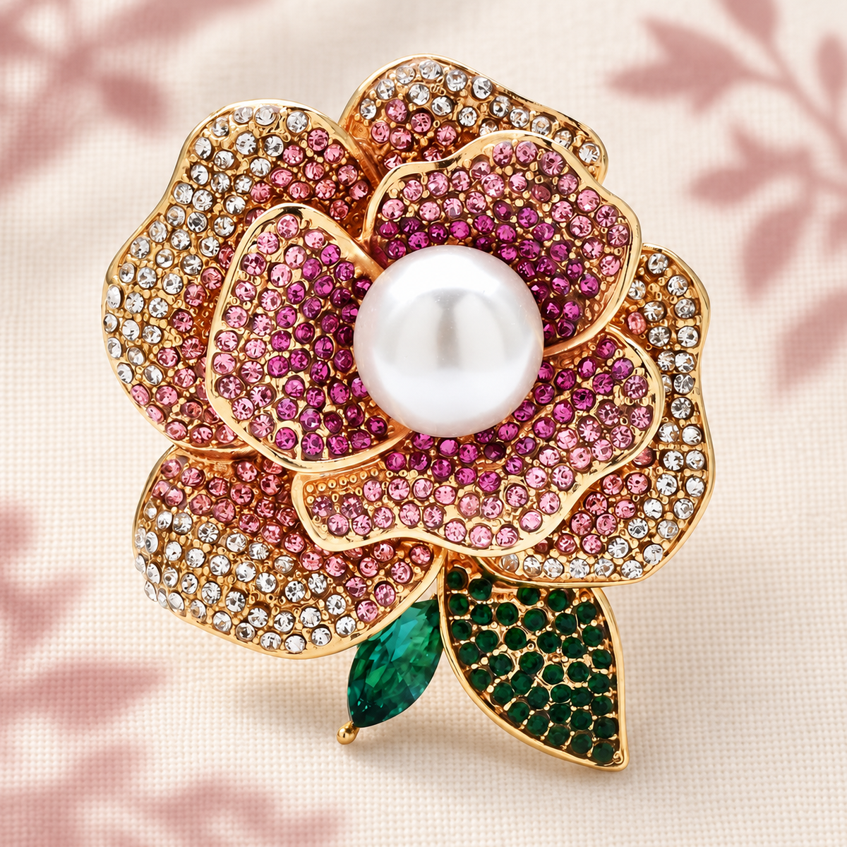 Rhinestone Rose with Pearl-Look Center Brooch — styled background