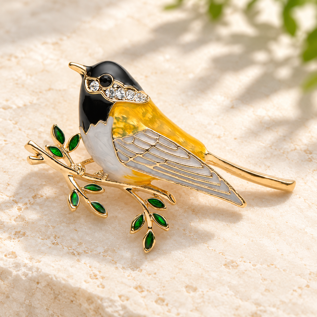 Yellow Enamel Oriole on a Branch Brooch — styled background
