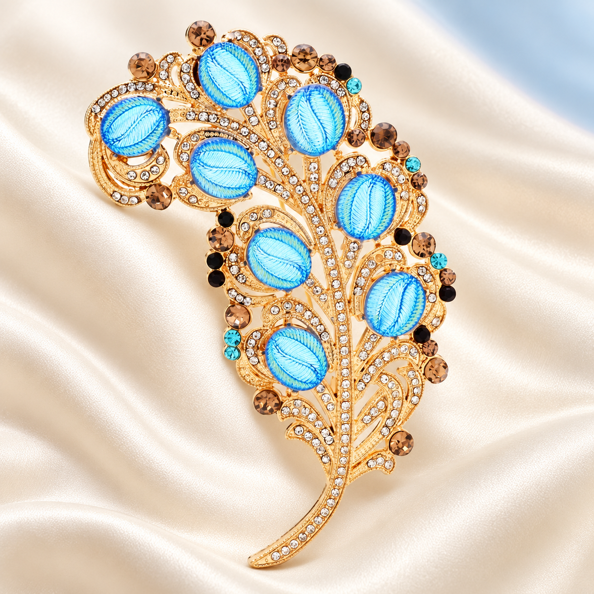 Blue Stone Ornate Feather Brooch — styled background