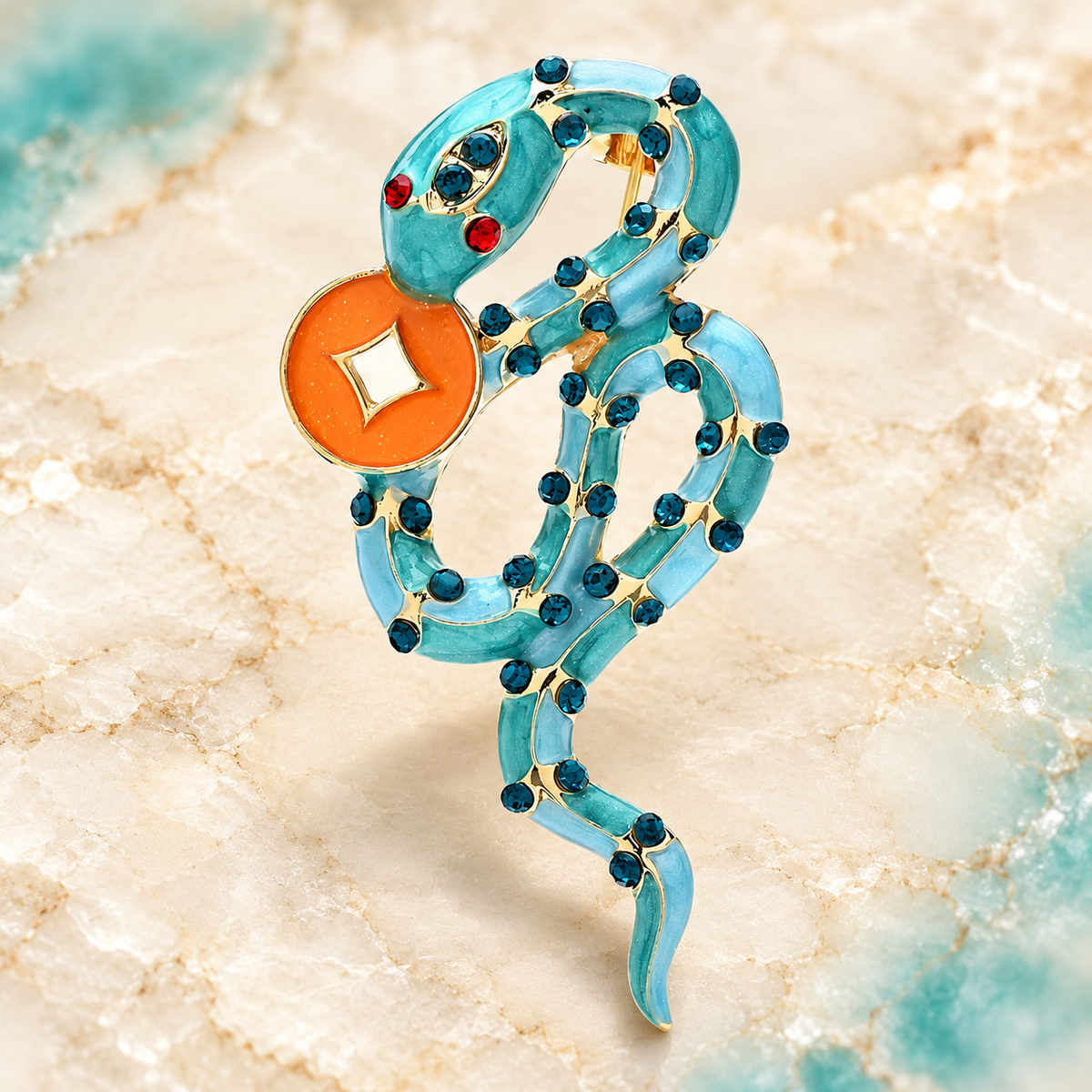 Enamel Snake with Colorful Stone Brooch — styled background