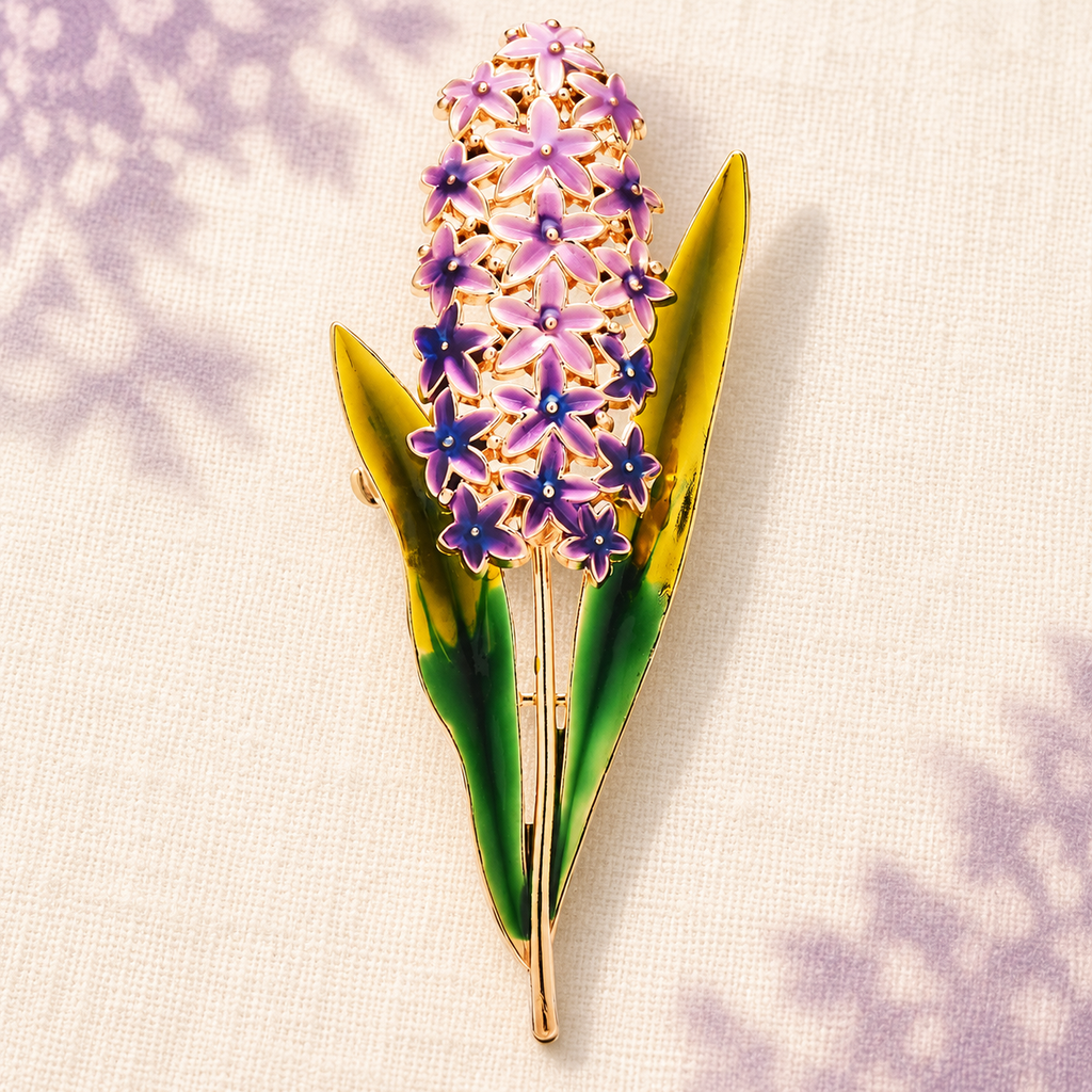 Enamel Lavender Flower Sprig Brooch — styled background