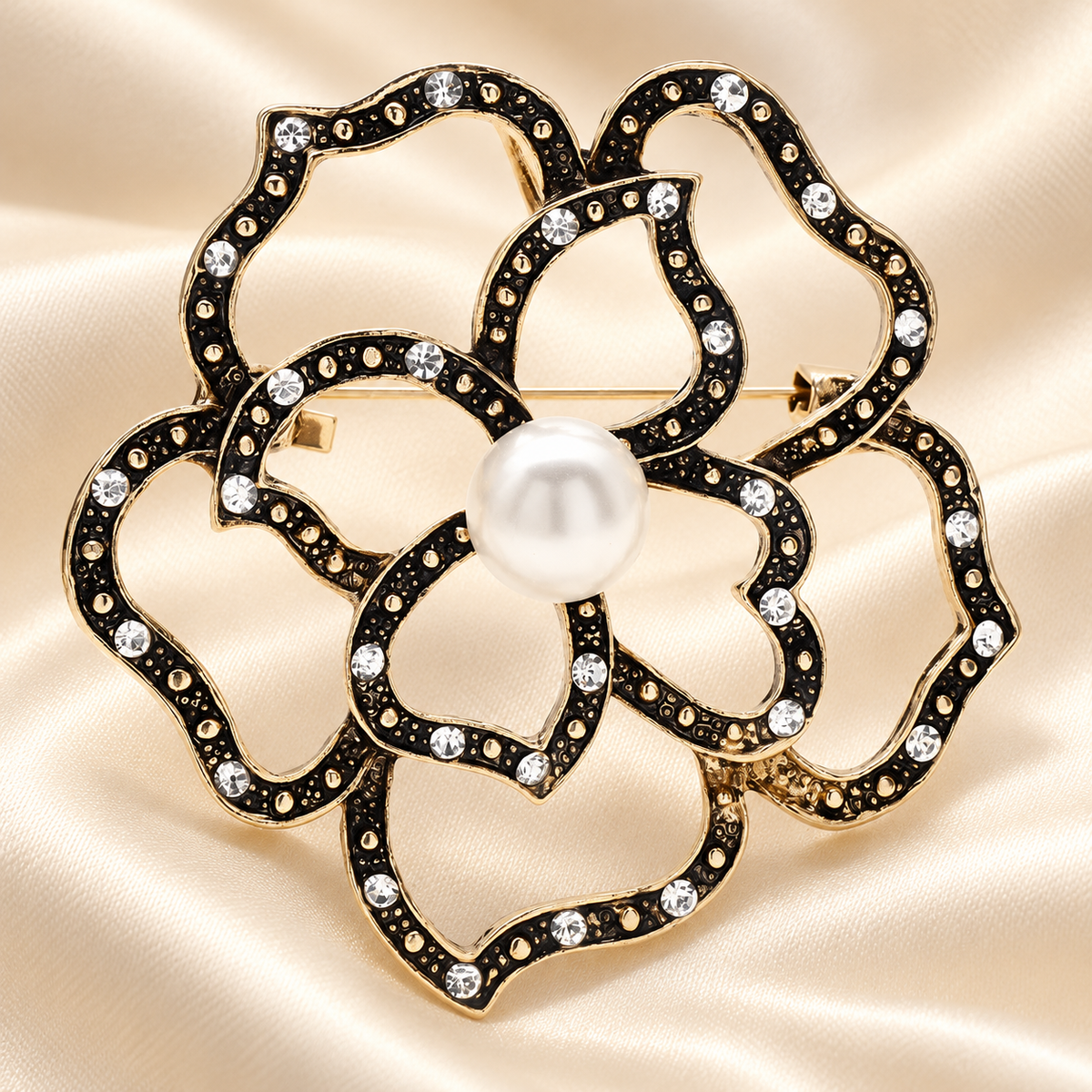 Rhinestone Openwork Rose with Pearl-Look Center Brooch — styled background