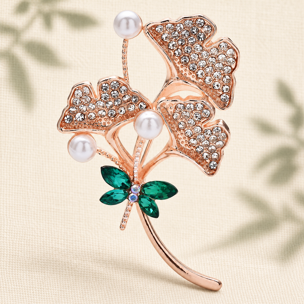 Ginkgo Branch with Jeweled Dragonfly Brooch — styled background