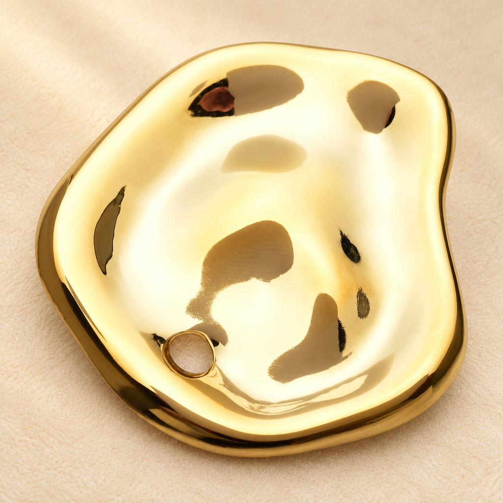 Sculptural Organic Disc Stainless Steel Brooch — styled background