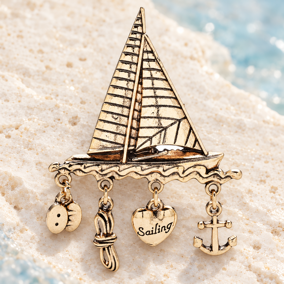 Sailboat with Nautical Charm Dangles Brooch — styled background