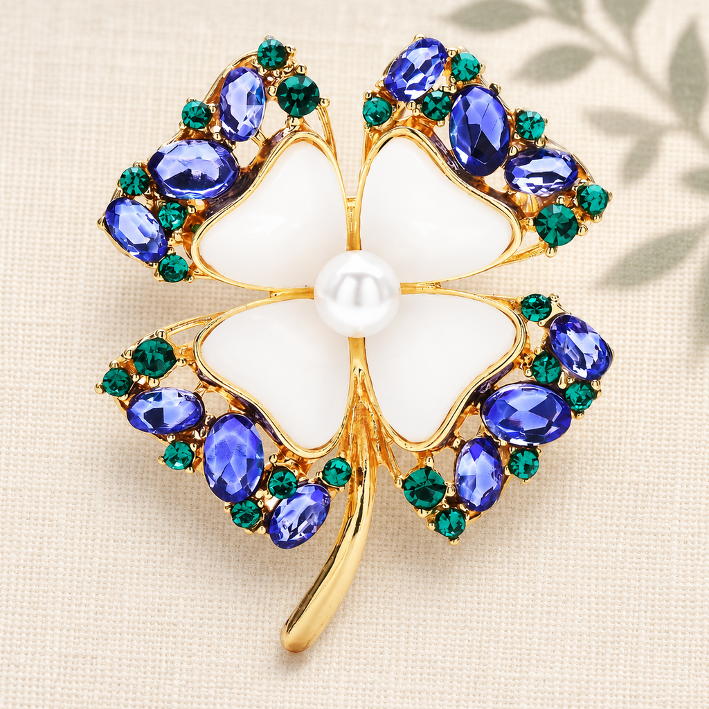 White Clover Leaf with Jeweled Border Brooch — styled background