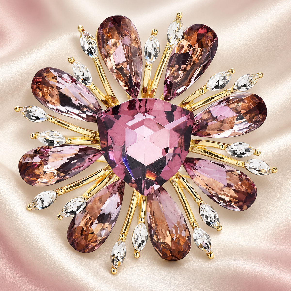 Jeweled Daisy Flower with Purple Center Brooch — styled background