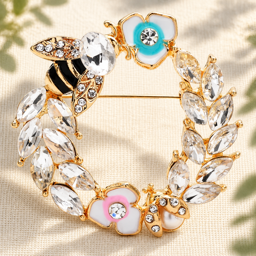 Bee and Wheat Wreath Brooch — styled background