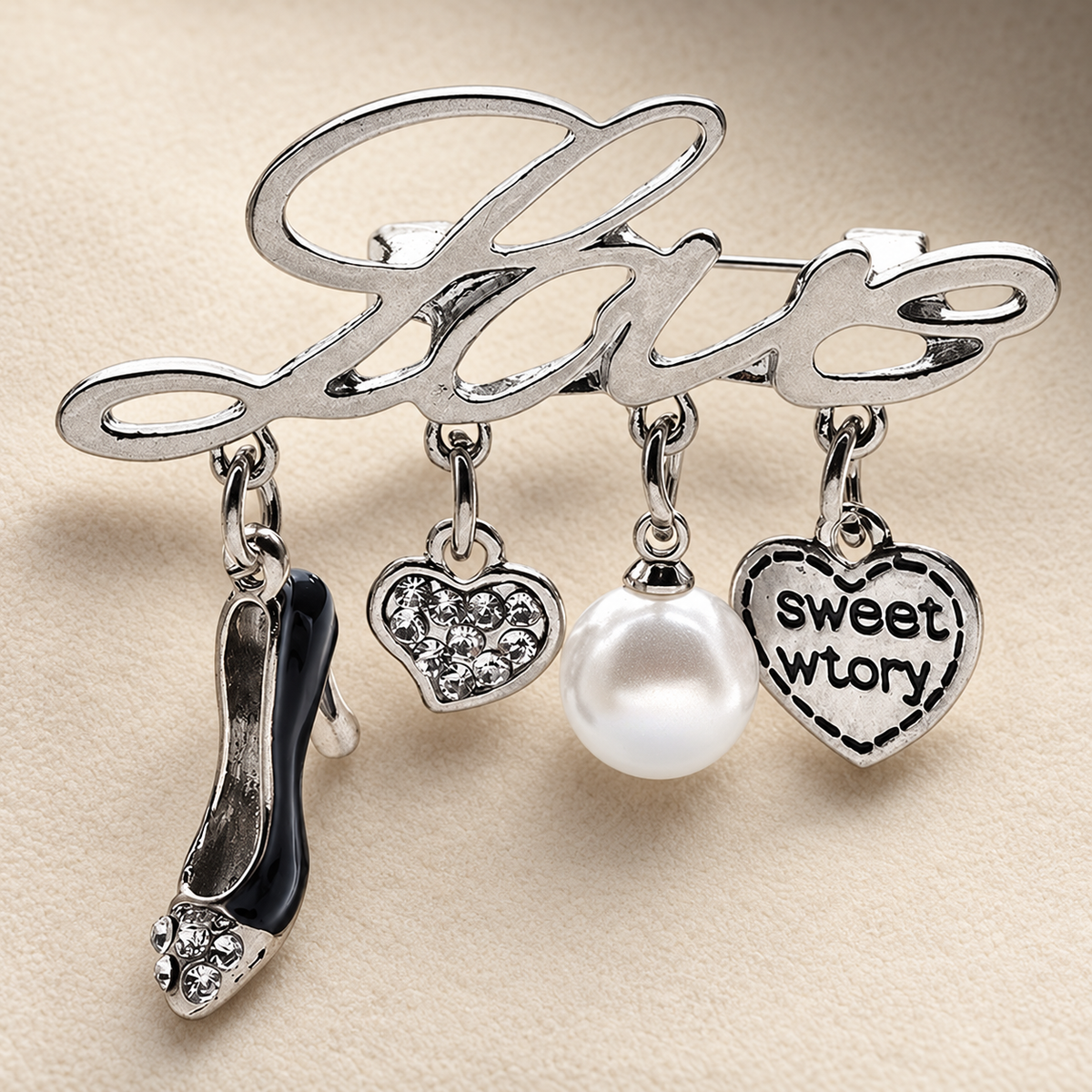 Love Script with High-Heel and Heart Charms Brooch — styled background