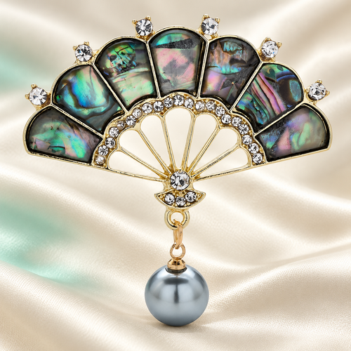 Abalone-Look Fan with Pearl-Look Drop Brooch — styled background