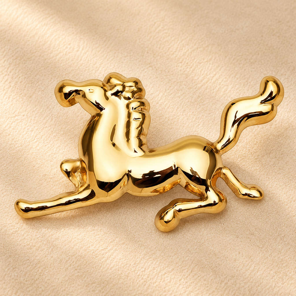 Polished Galloping Horse Stainless Steel Brooch — styled background