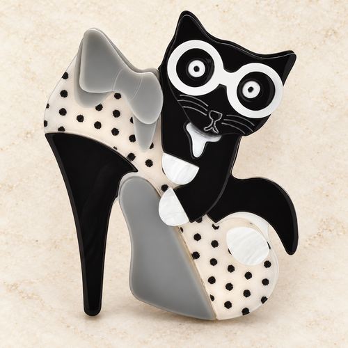 Acrylic Cat in High-Heel Shoe Brooch — styled background