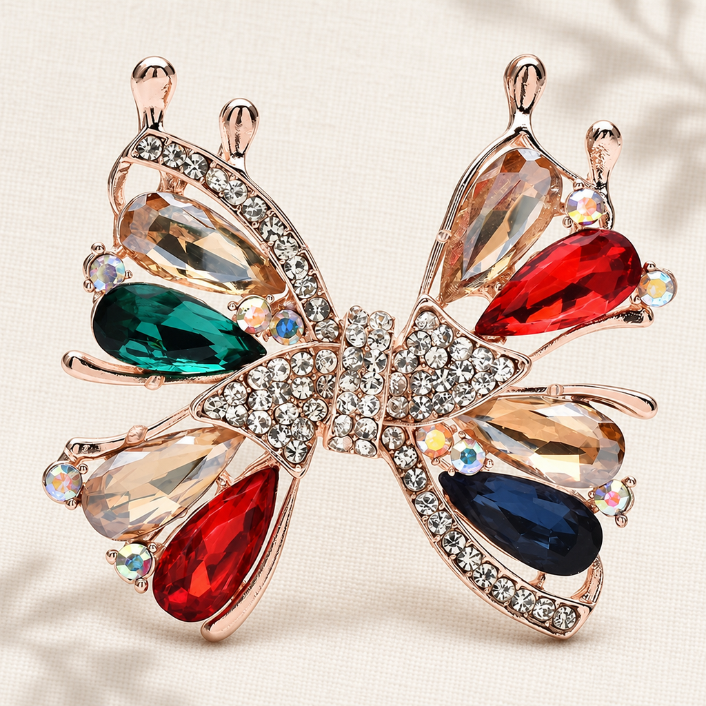 Jeweled Openwork Butterfly Brooch — styled background