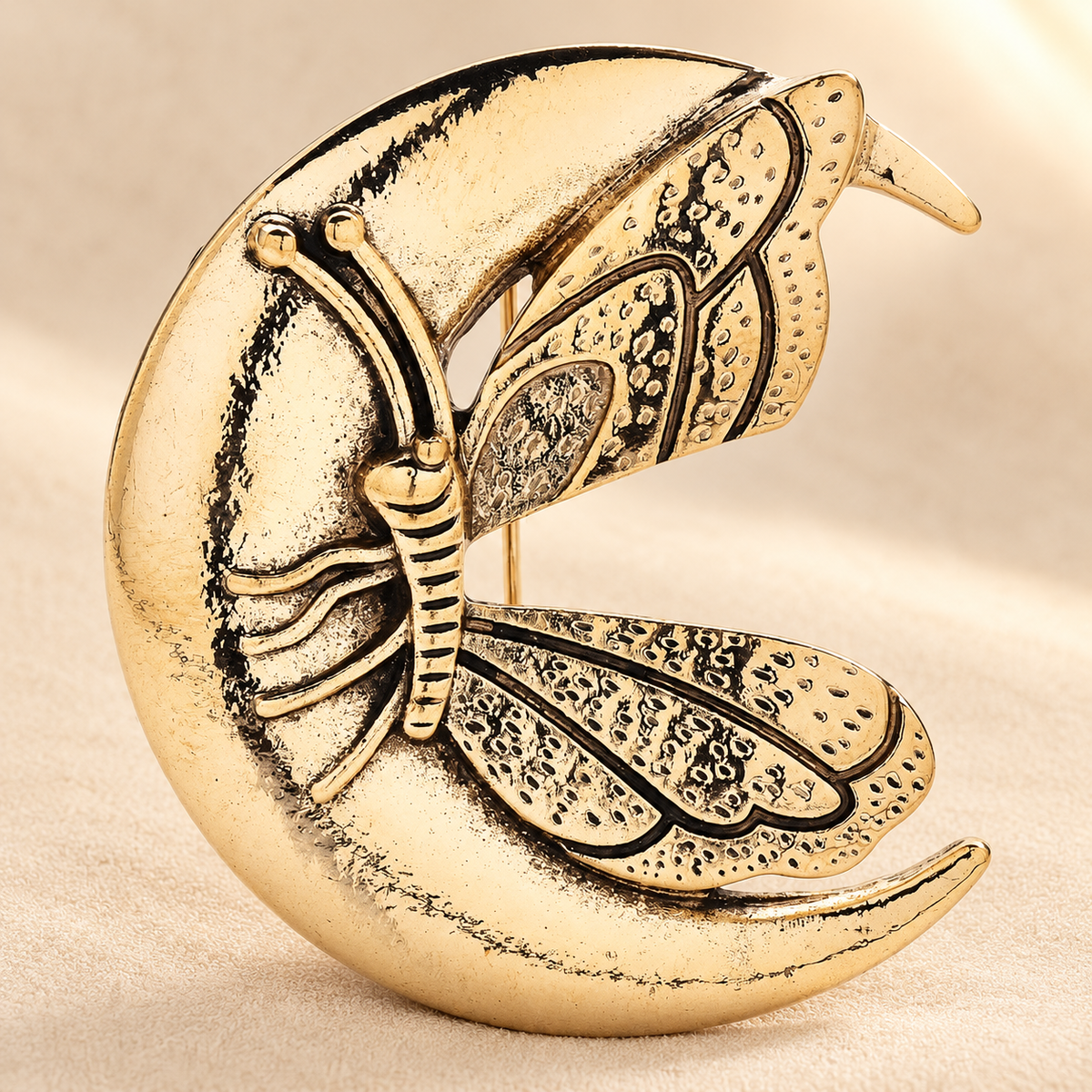 Crescent Moon and Butterfly Vintage-Style Brooch — styled background