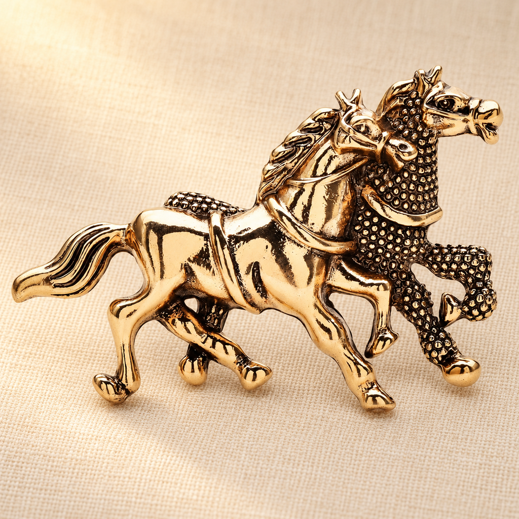 Three Running Horses Vintage-Style Brooch — styled background