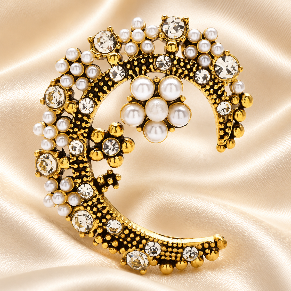 Pearl-Look Crescent Moon and Stars Brooch — styled background