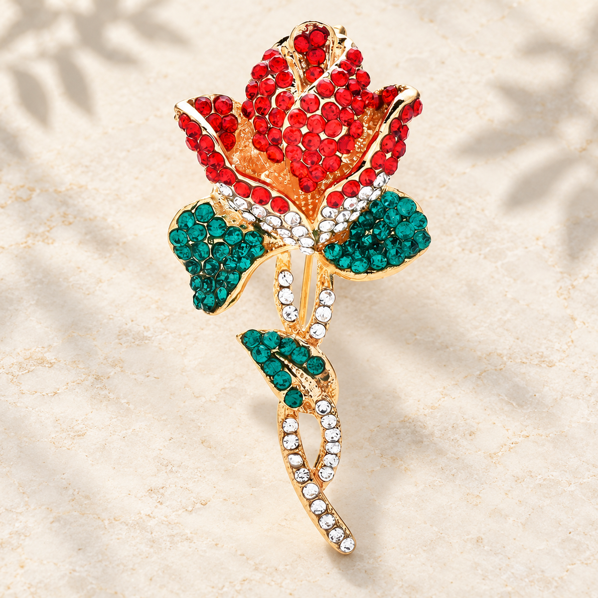 Rhinestone Tulip Flower Brooch — styled background