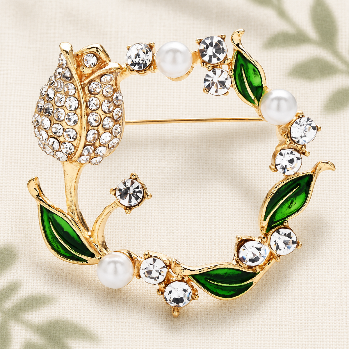 Tulip Wreath with Pearl-Look Accents Brooch — styled background