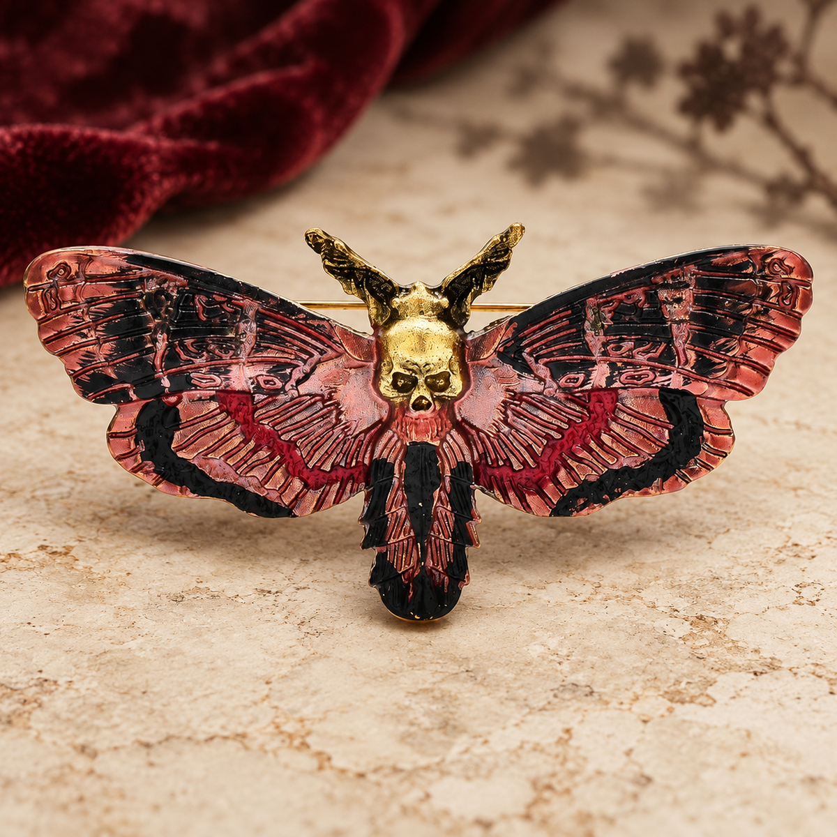 Vintage-Style Skull Butterfly Enamel Brooch — styled background